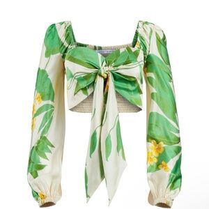 Secret Mission NWT Silk Tropical Tie Front Natalie Long Sleeve Crop Top